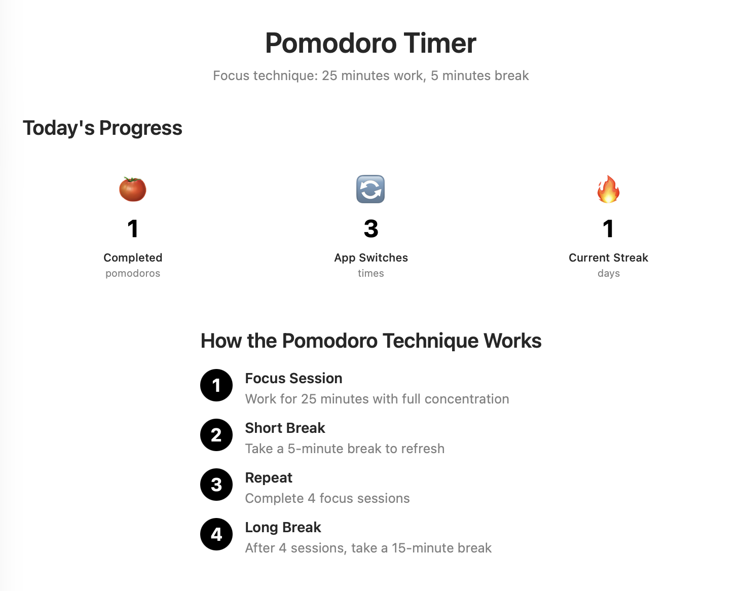 Pausly app interface — Pomodoro timer with today's progress and focus technique overview